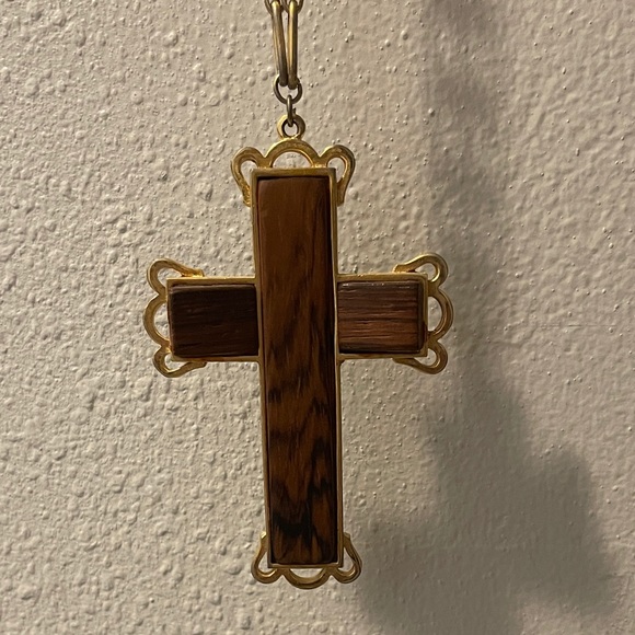 Vintage Cross Gold-Tone Brown Wood Stone Chain Necklace Religious Christmas - Picture 5 of 9